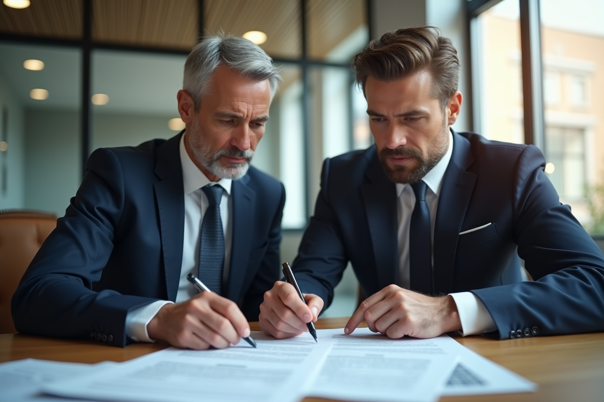 Avocat et client discutant d un contrat immobilier dans un bureau moderne