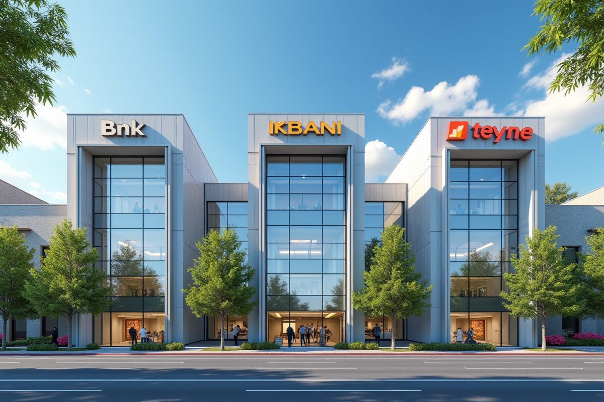 Façades de plusieurs banques modernes avec logos visibles en extérieur