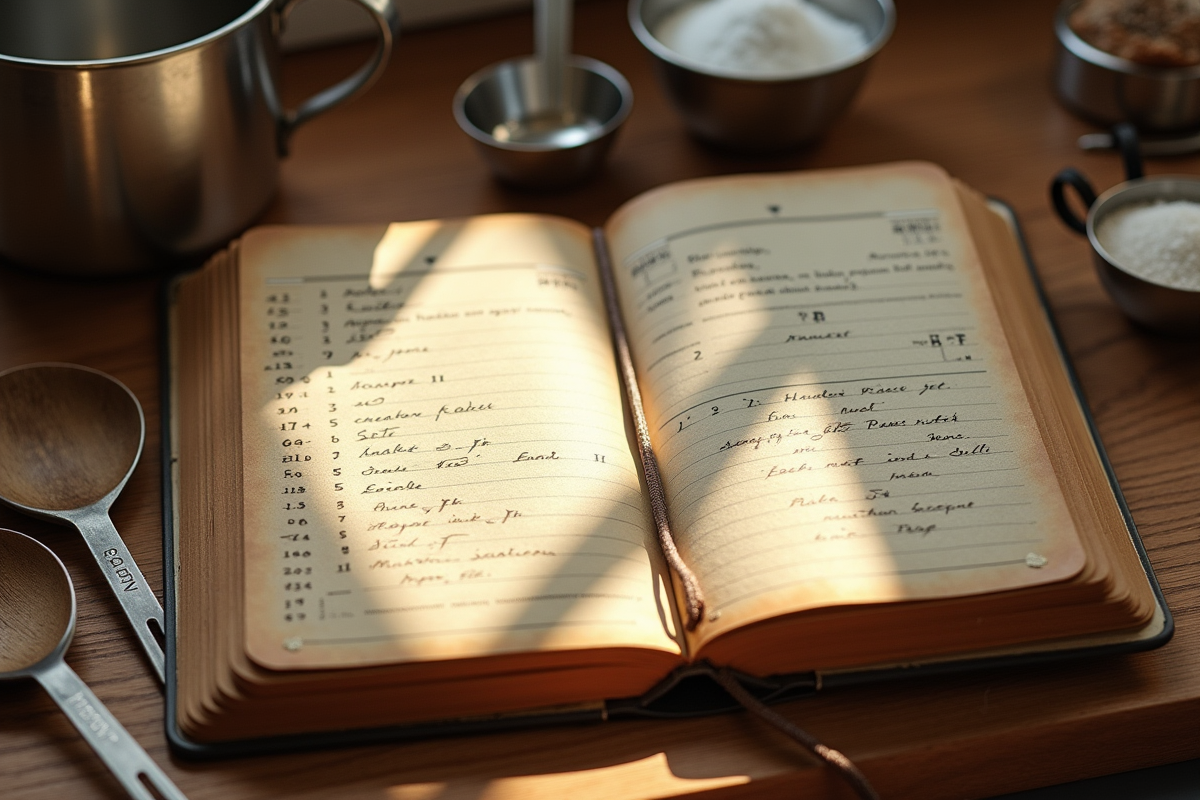 Carnet de recette vintage ouvert avec cuillères et sucre sur planche en bois