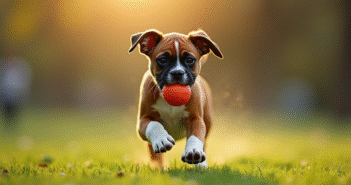 Chiot boxer joueur avec balle dans un parc en matinée