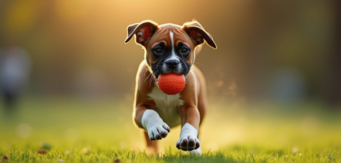 Chiot boxer joueur avec balle dans un parc en matinée