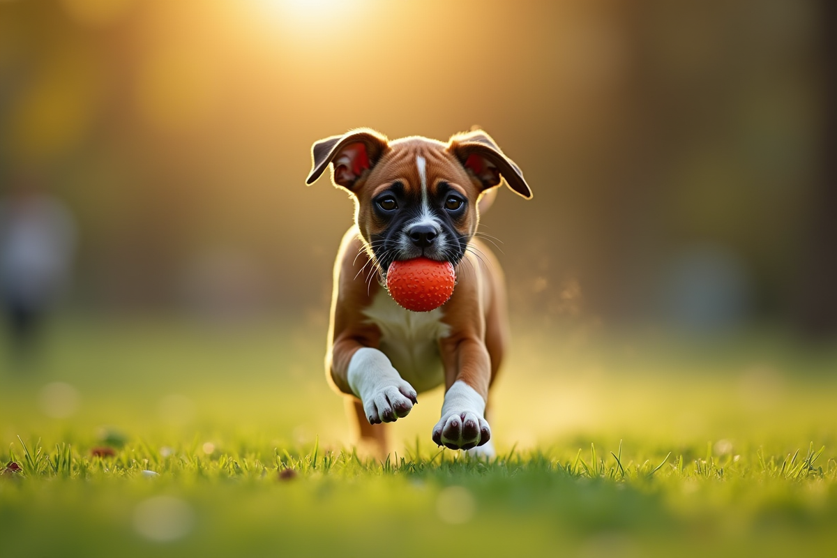 Chiot boxer joueur avec balle dans un parc en matinée