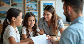 Famille heureuse recevant documents dans agence de voyage