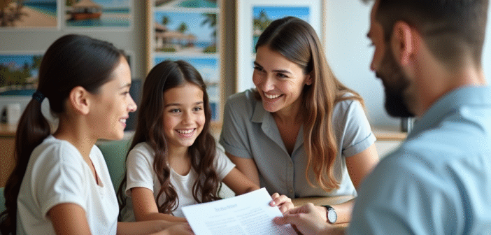 Famille heureuse recevant documents dans agence de voyage