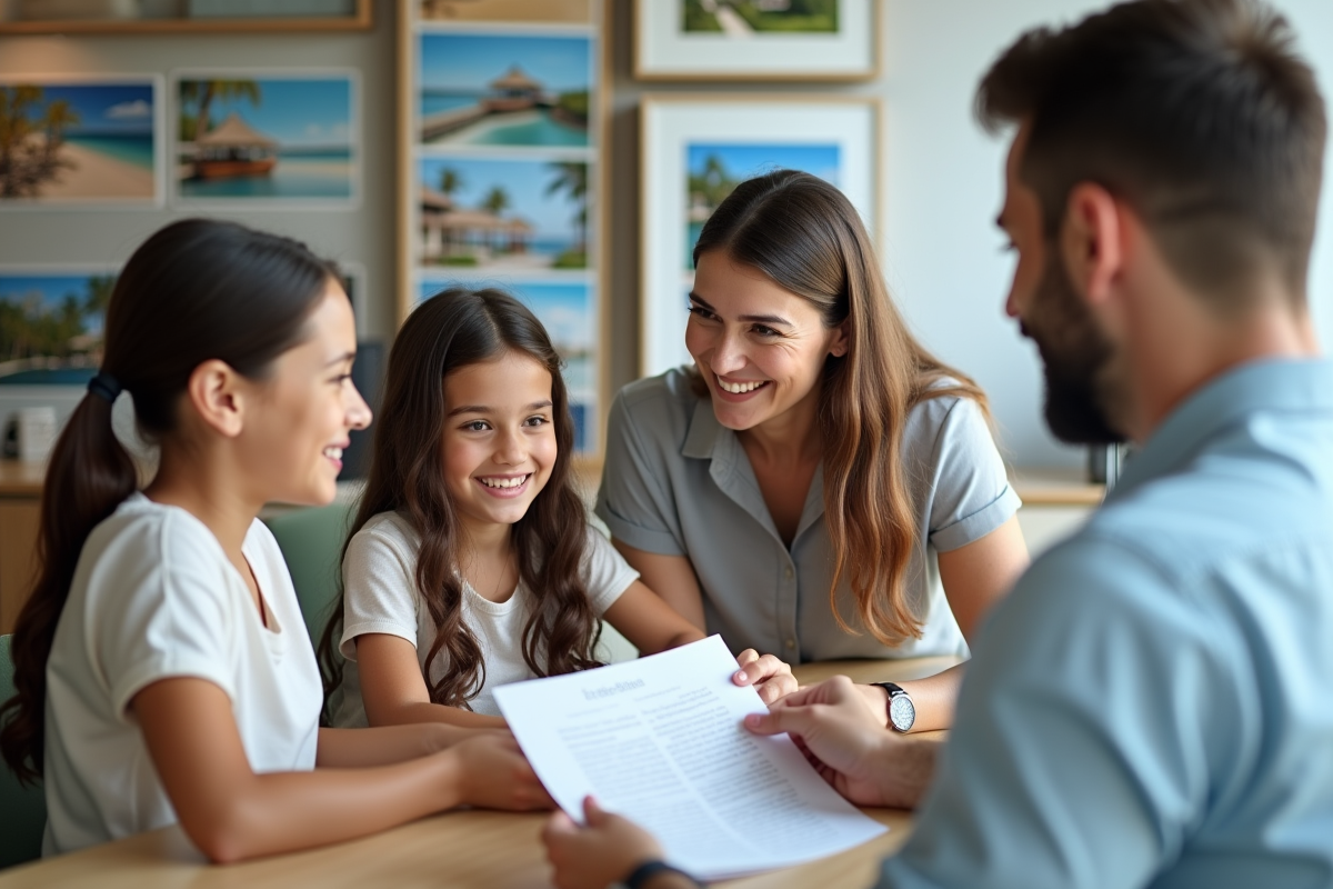 Famille heureuse recevant documents dans agence de voyage