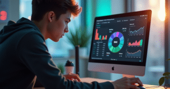 Jeune adulte concentré sur un ordinateur avec graphiques colorés