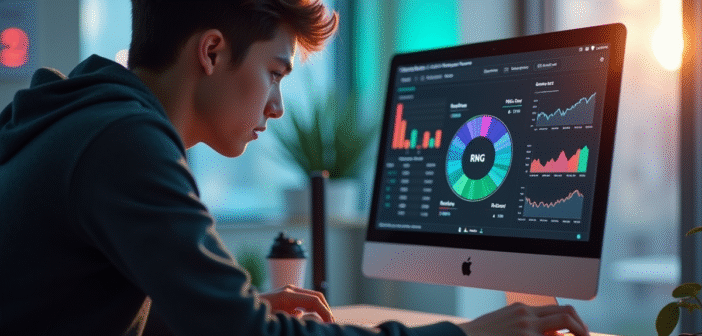 Jeune adulte concentré sur un ordinateur avec graphiques colorés