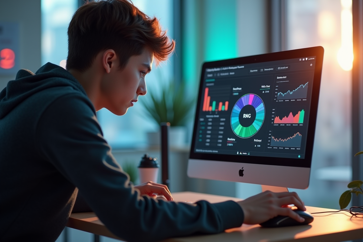 Jeune adulte concentré sur un ordinateur avec graphiques colorés