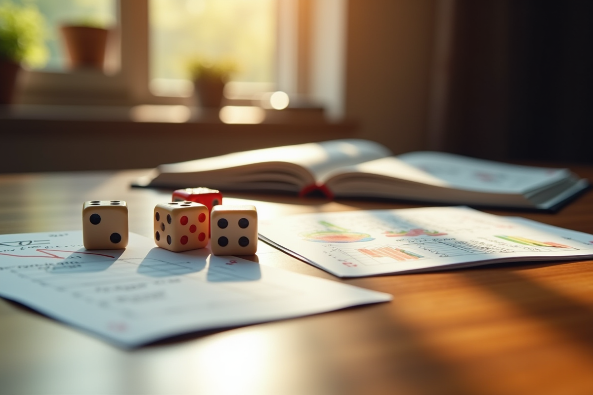 Dés et cartes à jouer sur une table en bois avec carnet de stratégie