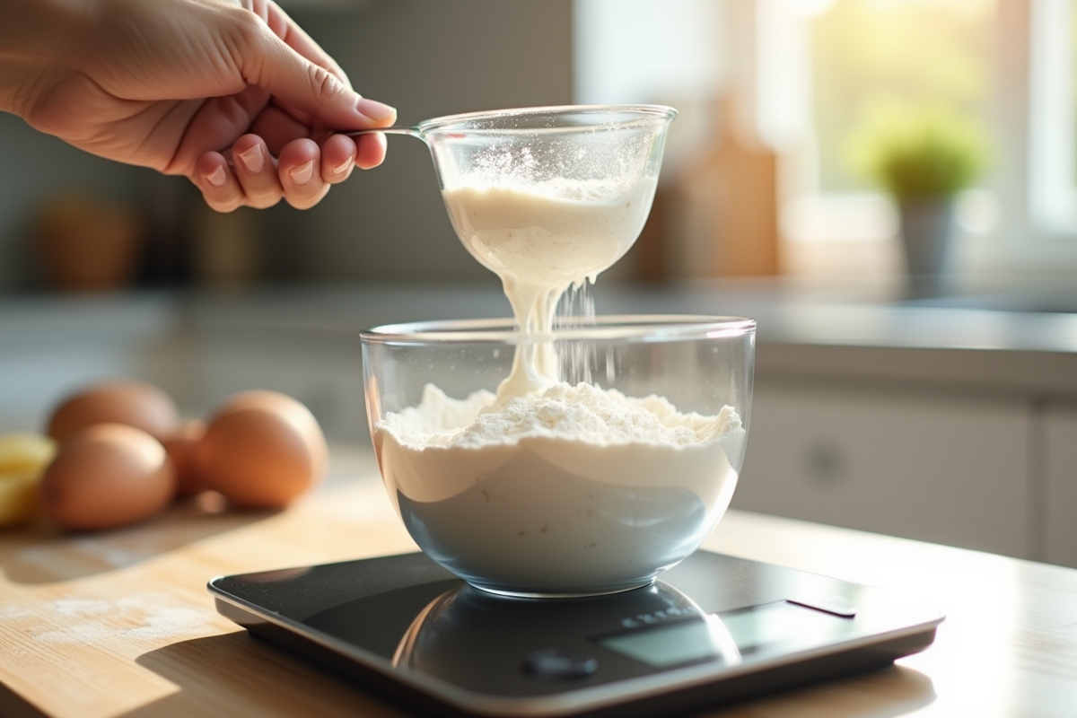 Main versant de la tasse à mesurer dans un bol sur une balance numérique