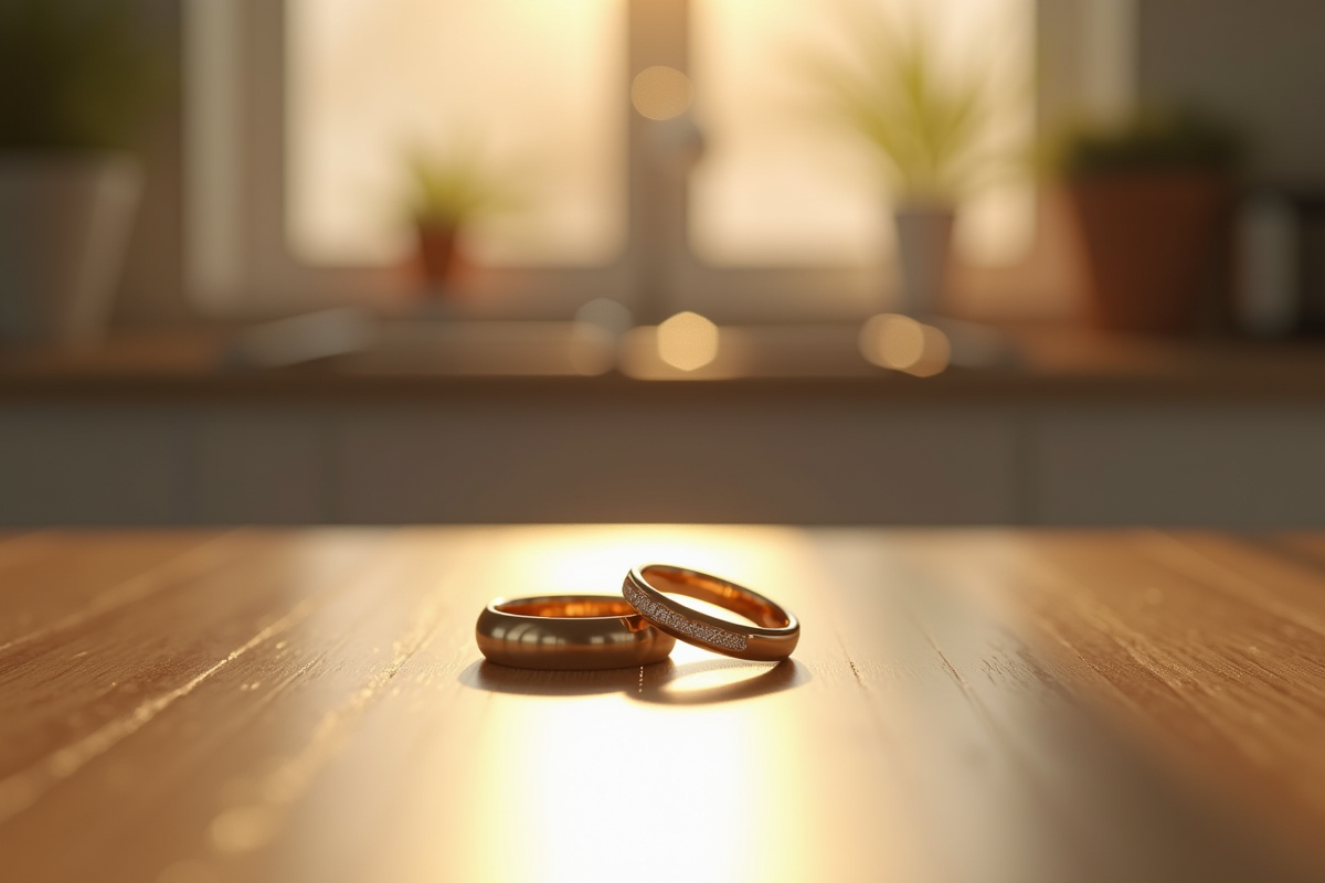 Anneaux de mariage entrelaces sur une table de cuisine