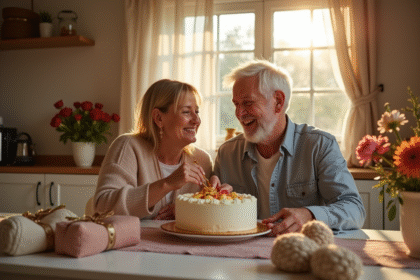 Couple heureux célébrant leur 7e anniversaire de mariage autour d'un gâteau