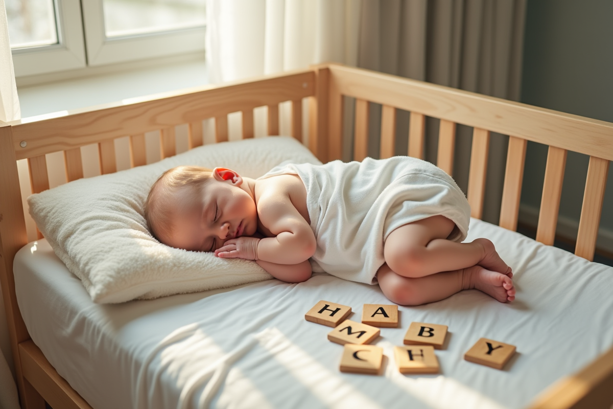 Bébé dormant dans un lit avec puzzle de noms commençant par H
