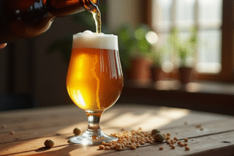 Verre de bière belge dans un tulipe sur une table en bois