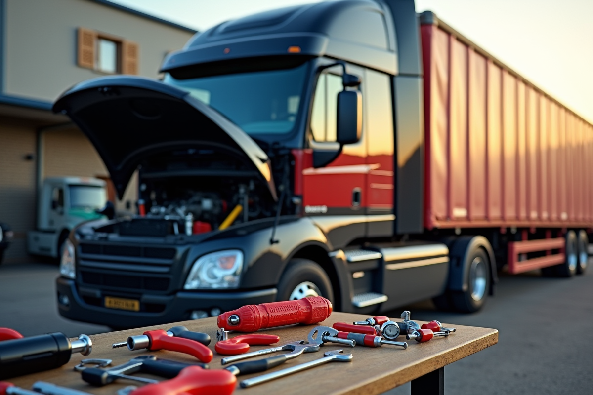 Camion avec capot ouvert outils maintenance extérieur
