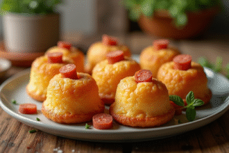 Assiette de cannelés dorés au chorizo sur table en bois