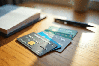 Différents types de cartes bancaires sur un bureau lumineux