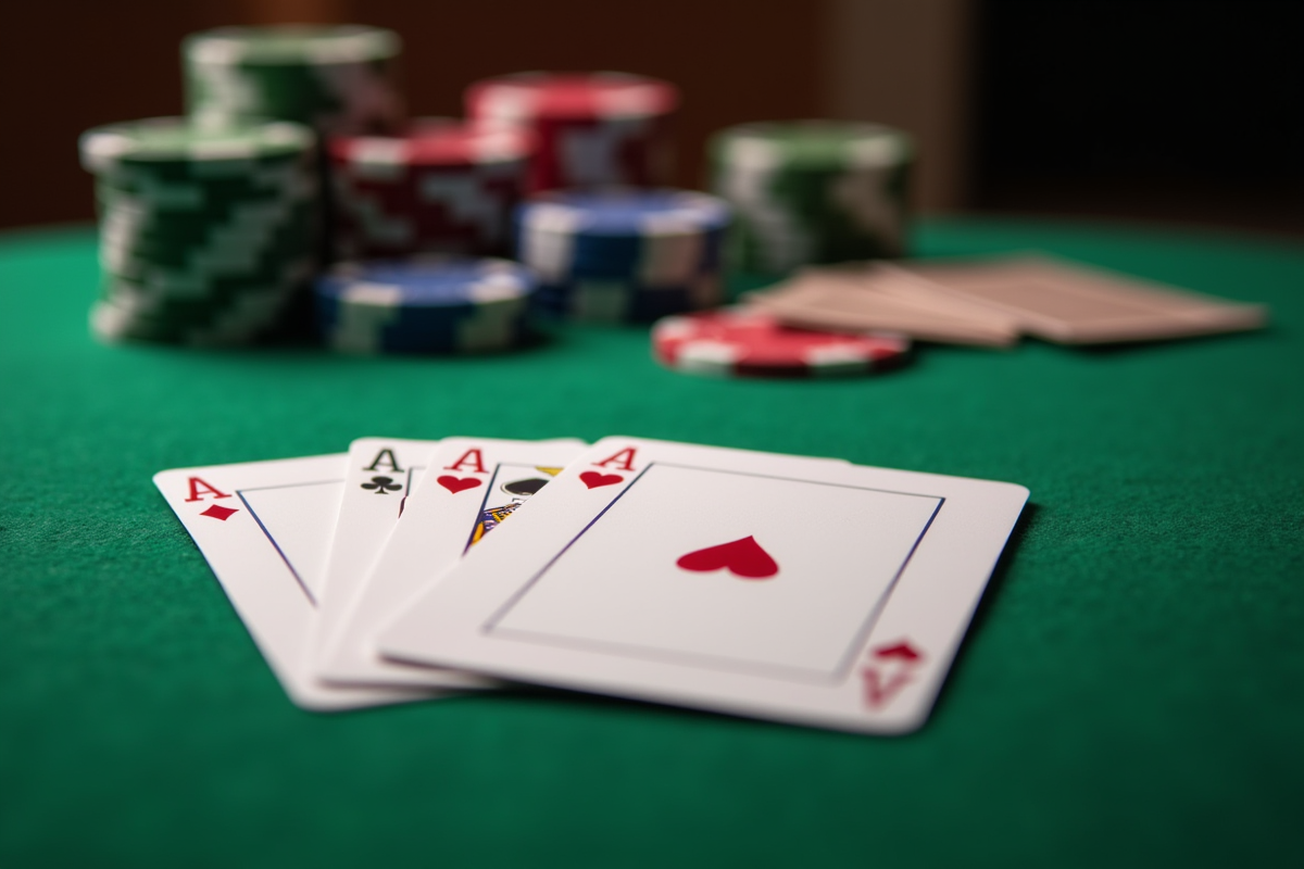 Mains tenant des cartes face visible avec jetons de poker en fond