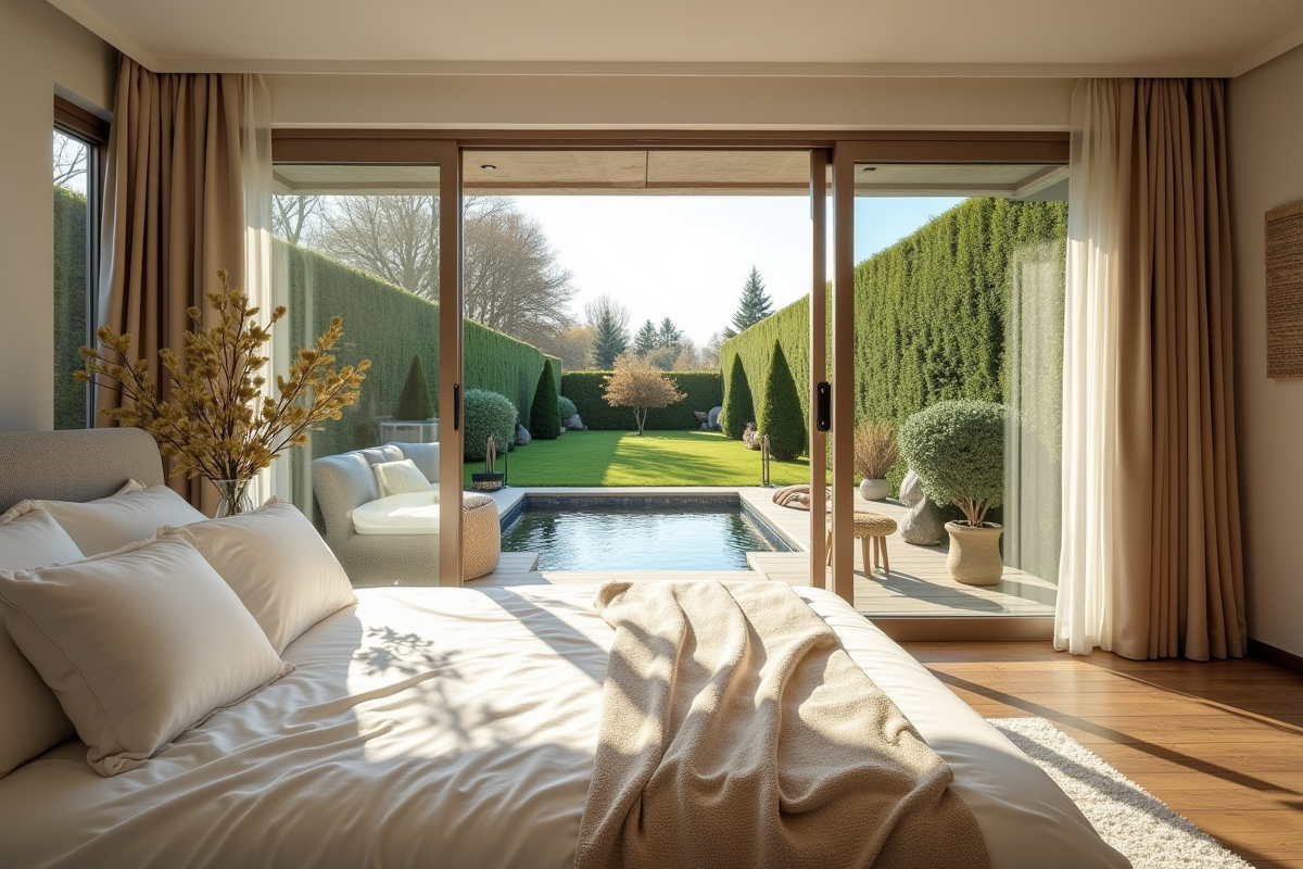 Chambre lumineuse avec vue sur le jardin et jacuzzi extérieur