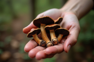 Main tenant des champignons noirs de forêt en lumière naturelle