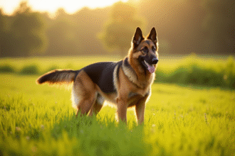 Chien berger belge debout dans un champ ensoleille
