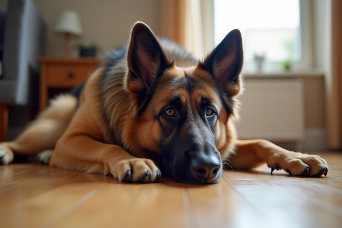 Chien berger belge reposant sur un sol en bois intérieur