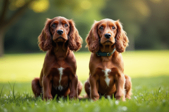 Cocker Spaniel anglais et américain côte à côte dans un parc ensoleille