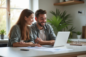 Jeune couple souriant dans une cuisine moderne regardant un plan