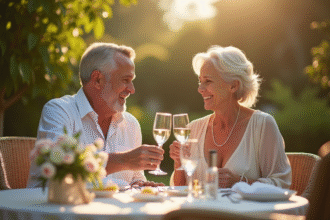 Couple élégant souriant dans un jardin ensoleille avec verres à la main