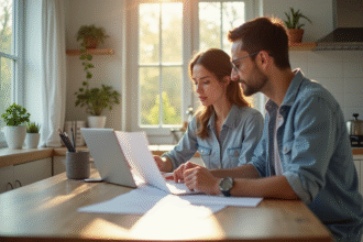 Jeune couple discutant de rénovation maison à la cuisine