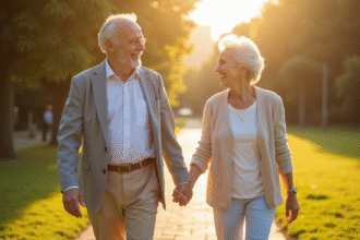 Couple senior main dans la main dans un parc ensoleille