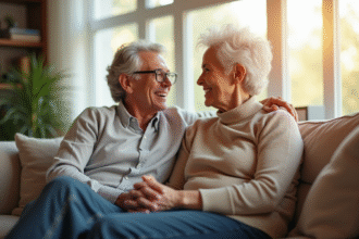 Couple souriant assis sur un canapé lumineux