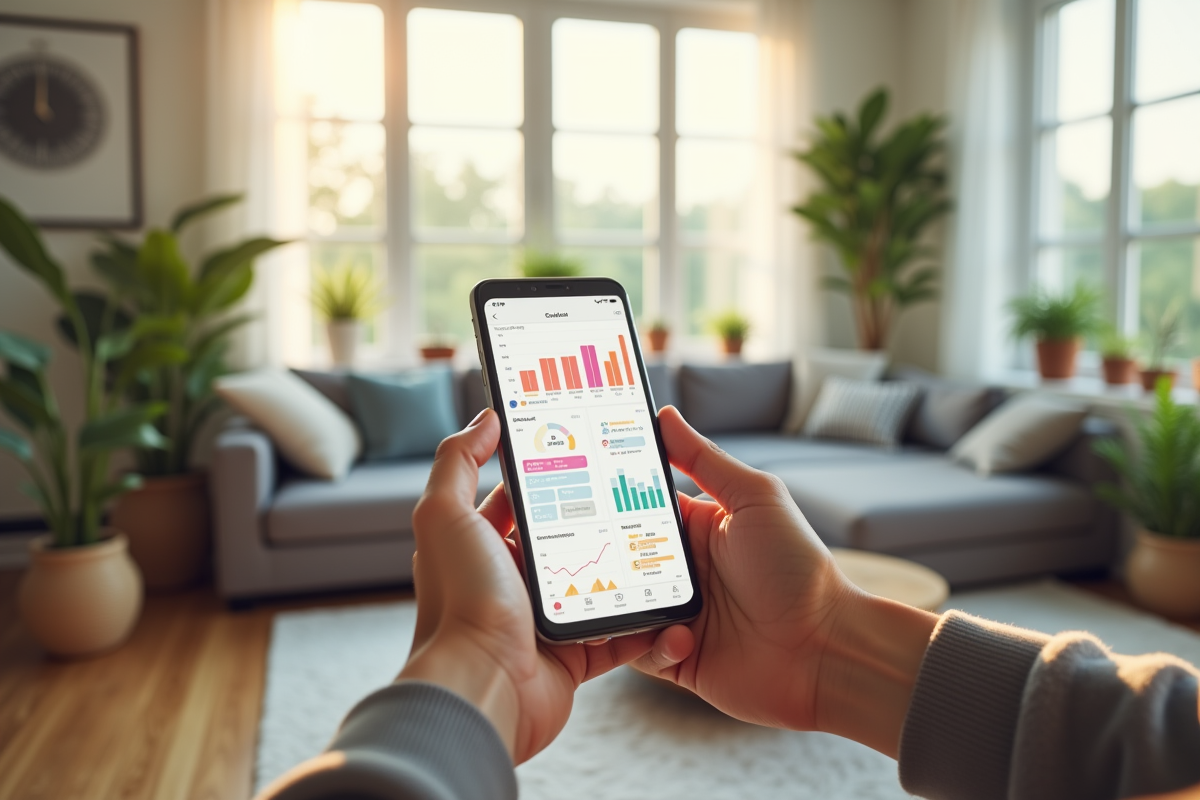 Mains tenant un smartphone avec tableau de bord immobilier lumineux