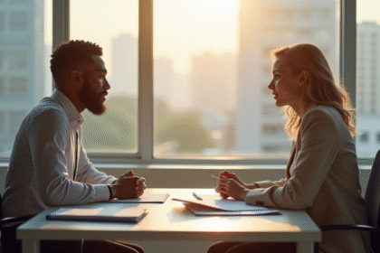 Deux adultes divers discutant à un bureau ensoleillé