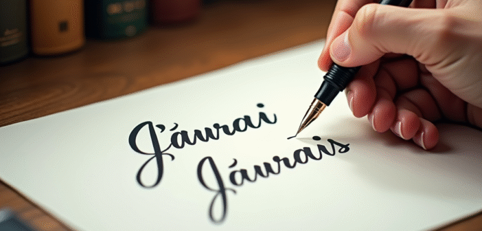 Main écrivant J'aurai et J'aurais sur papier blanc avec stylo