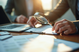 Main d'un professionnel examinant des documents d'entreprise avec une loupe