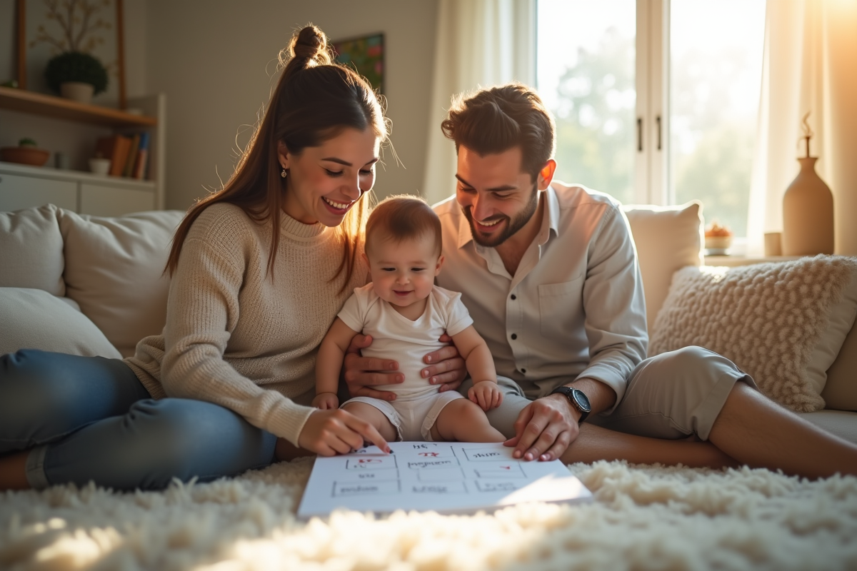 Famille heureuse dans un salon lumineux pour choisir des noms de bébé