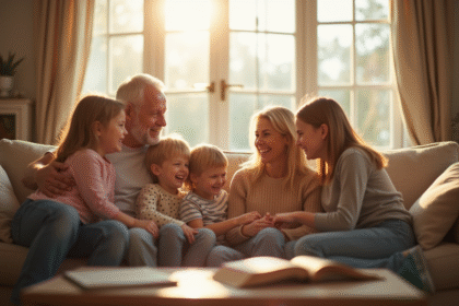 Famille multigenerations réunie dans un salon lumineux