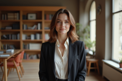 Femme britannique élégante dans une bibliothèque moderne