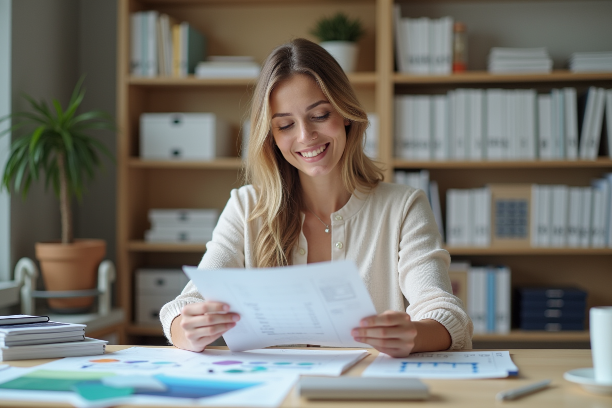 Femme confiante examinant notes et échantillons de couleurs