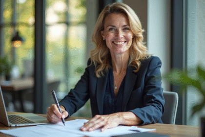 Femme confiante dans son bureau lumineux pour article confiance