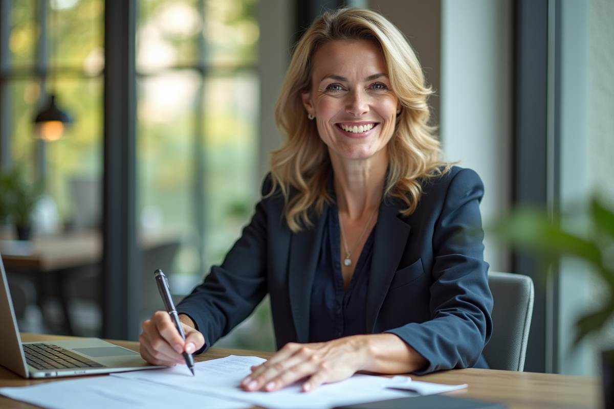 Femme confiante dans son bureau lumineux pour article confiance