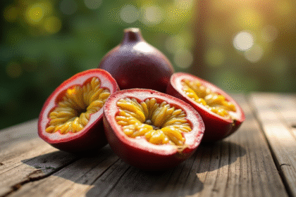 Passion fruits coupés en deux sur une table en bois rustique