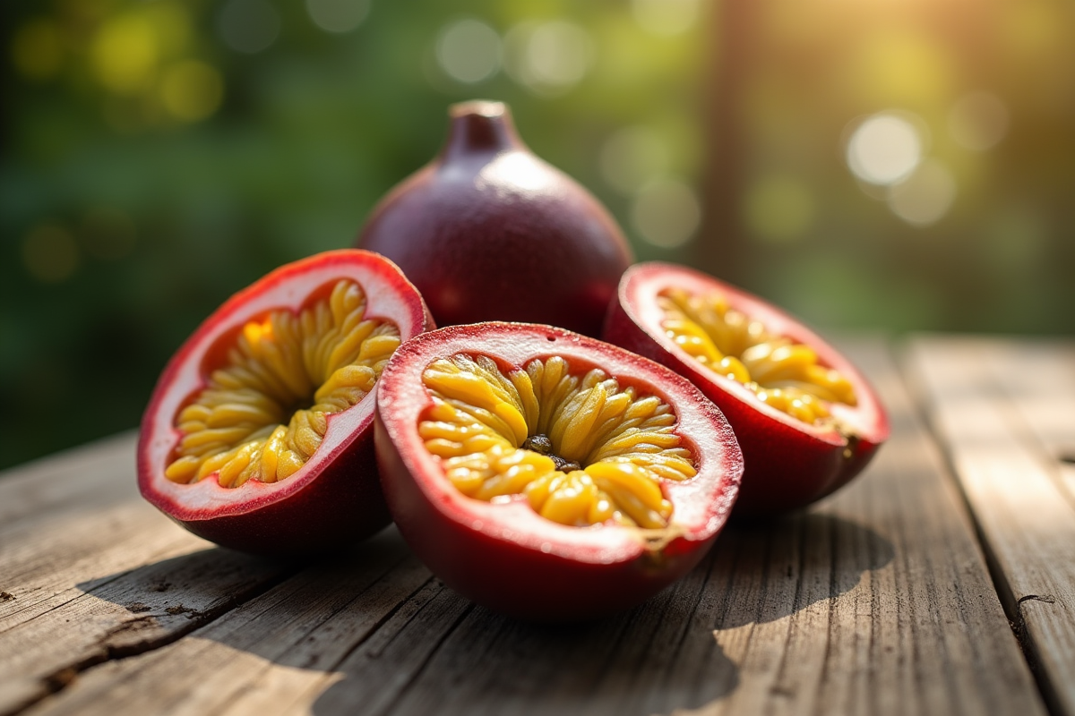 Passion fruits coupés en deux sur une table en bois rustique