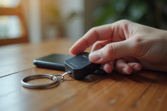 Main tenant un petit tracker sur une clé avec smartphone