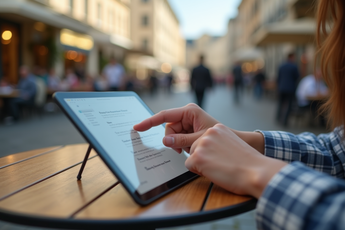 Mains gérant des emails sur tablette dans un café à Nantes