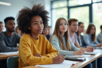 Groupe de jeunes candidats en examen dans une salle lumineuse