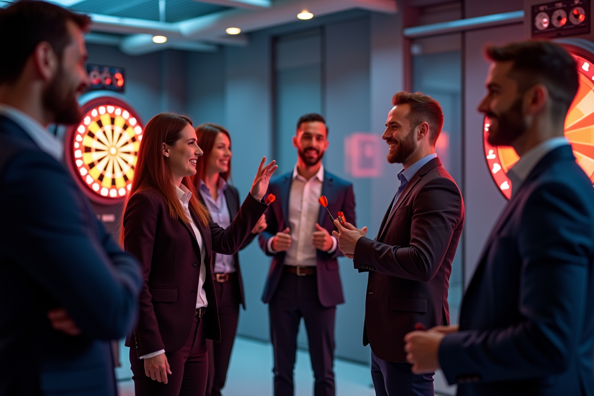 Collegues jouant avec des dartboards en bureau convivial