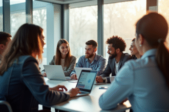 Groupe d'étudiants en formation d'entreprise lors d'une réunion