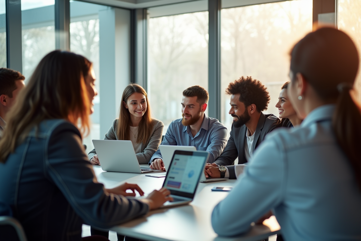 Groupe d'étudiants en formation d'entreprise lors d'une réunion